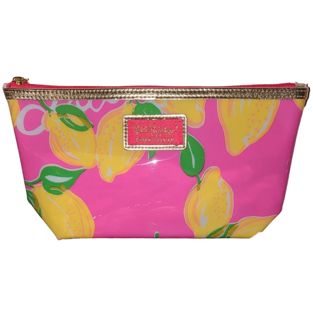 Lilly Pulitzer For Estee Lauder Makeup Bag Pink Lemon Yellow Zip Top PVC